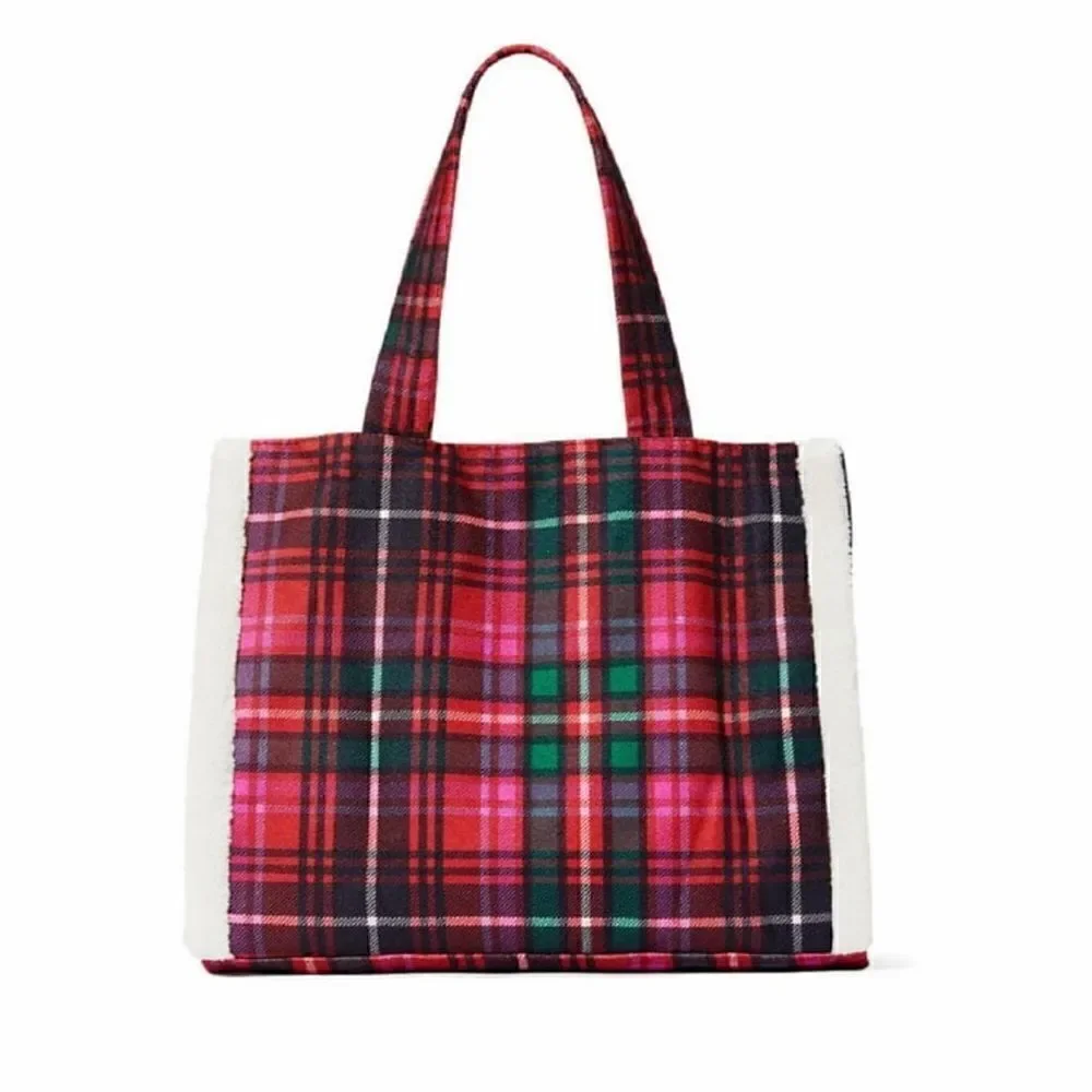 Victoria’s Secret Red Green Plaid Shearling Trim Holiday Winter Travel Tote Bag